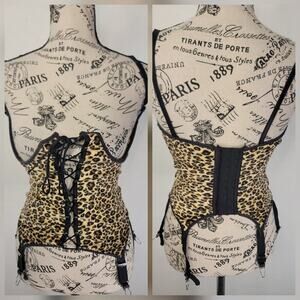 Vintage Velvet Cheetah Print Corset Sz Small "Shame" Brand 6 Garters Lace Up
